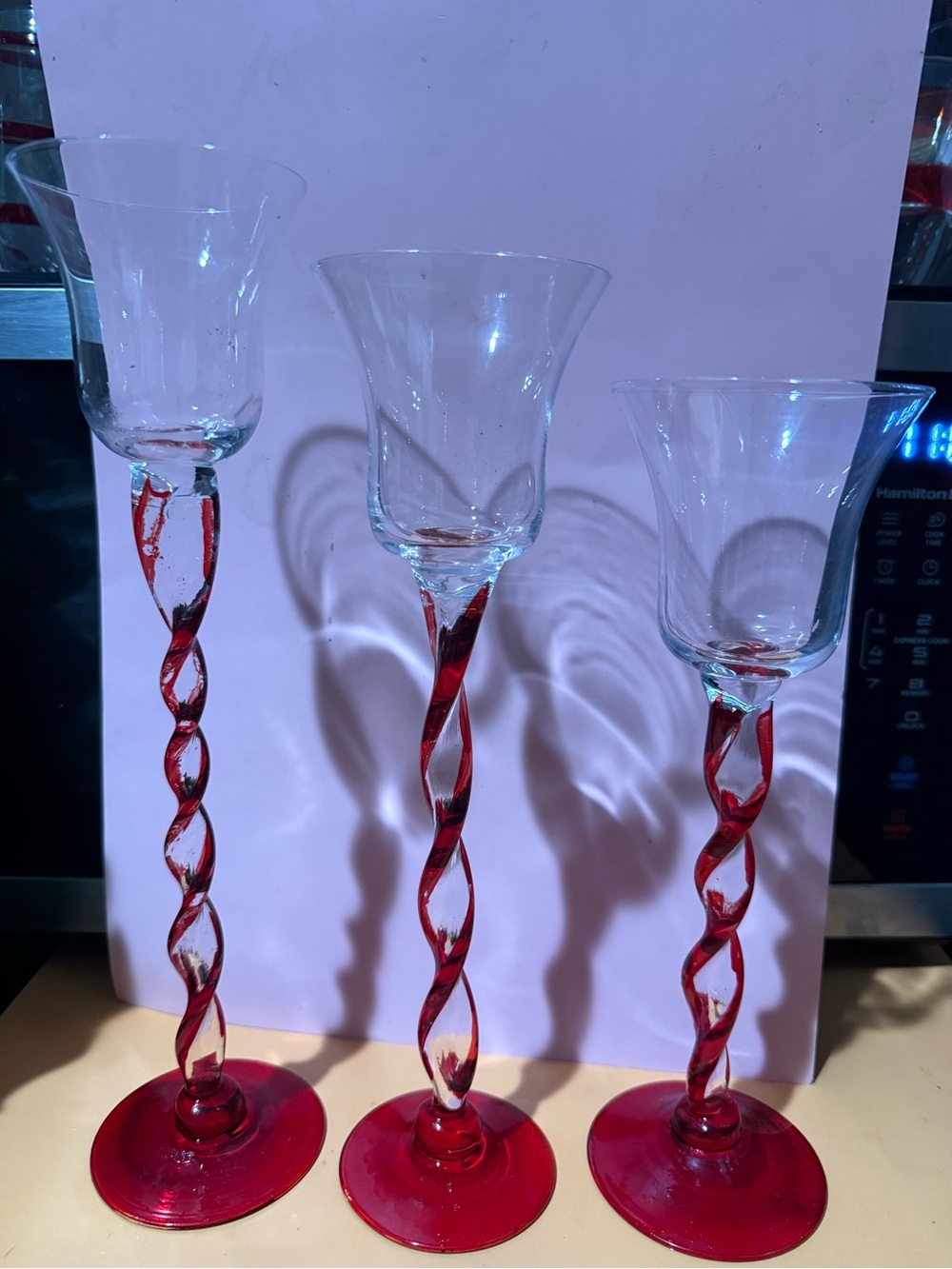 Elegant Red-Twist Glass Candlestick Holders - Set of 3 - 12”, 11”  & 10”
